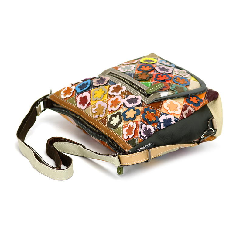 Women's colorful leather messenger bag with mosaic pattern