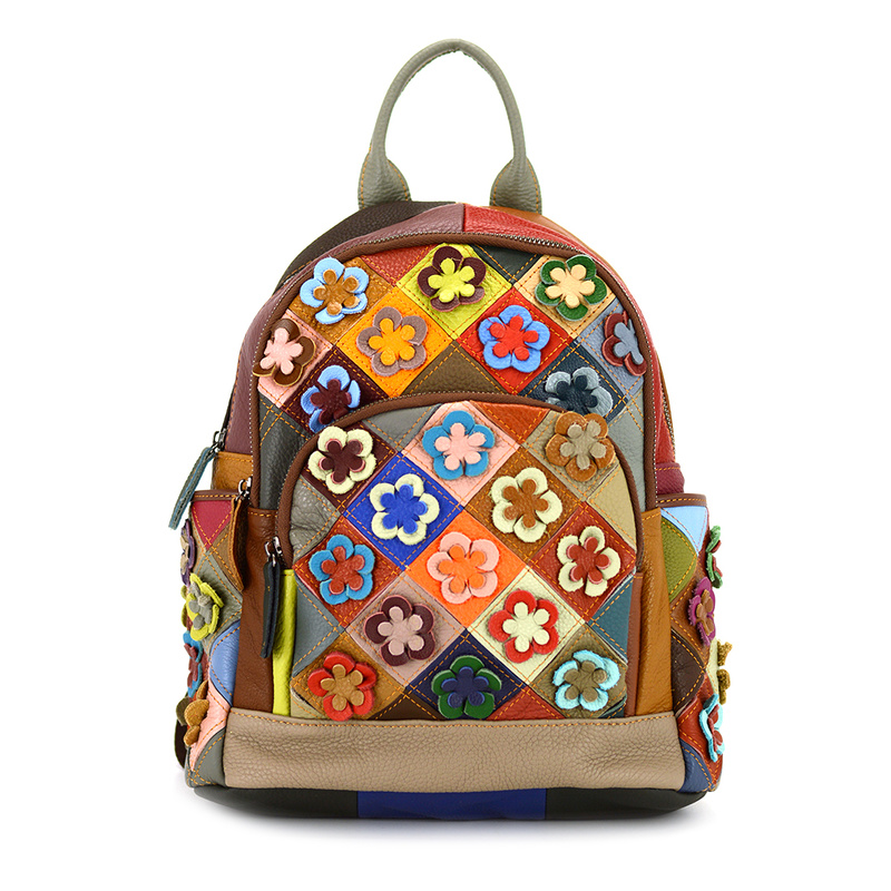 Women's leather backpack with colorful mosaic and flowers