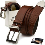 Beltimore men's leather wide belt denim cognac 522 : Colors - brown, beige, Strap size - r.110-125 cm