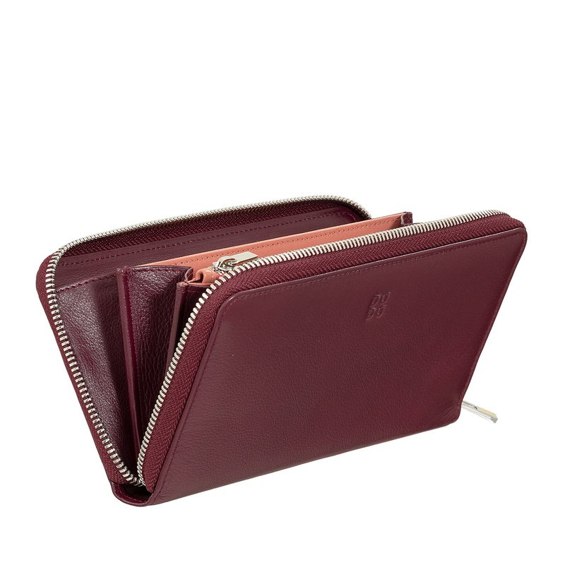 Zip around coloured soft leather woman's RFID wallet by DUDU, multi-compartment with credit card holder, new Dudubags collection