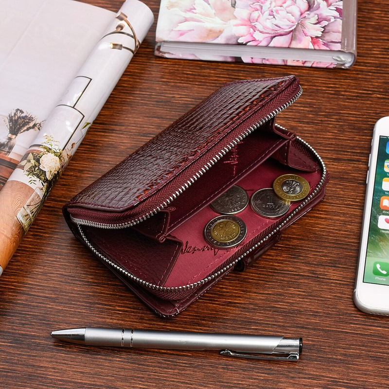 Women's leather wallet lacquered elegant fashionable burgundy 826