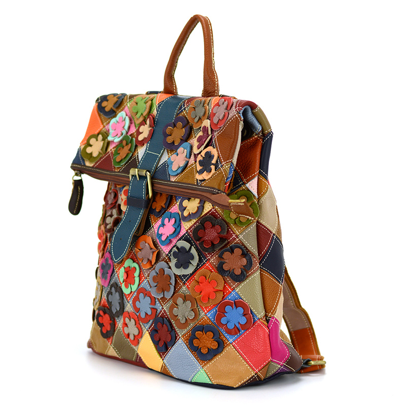 A unique leather backpack with a colorful mosaic pattern