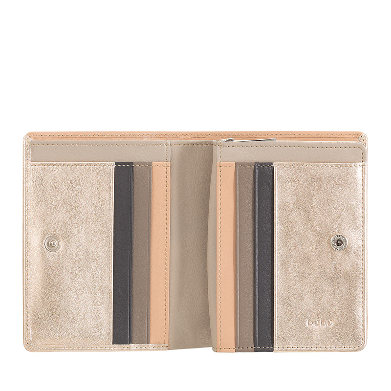 Women’s small bifold wallet Colorful Stromboli by DUDU with RFID blocking, made in genuine leather colored. Zipper coin pocket and card slots.