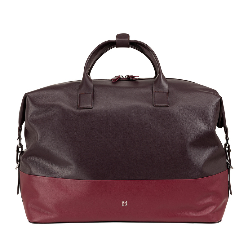 Duffle bag for men and women Colorful Miami by DUDU in genuine leather with handles, detachable shoulder strap and zipper. Travel designer bag versatility and functionality.