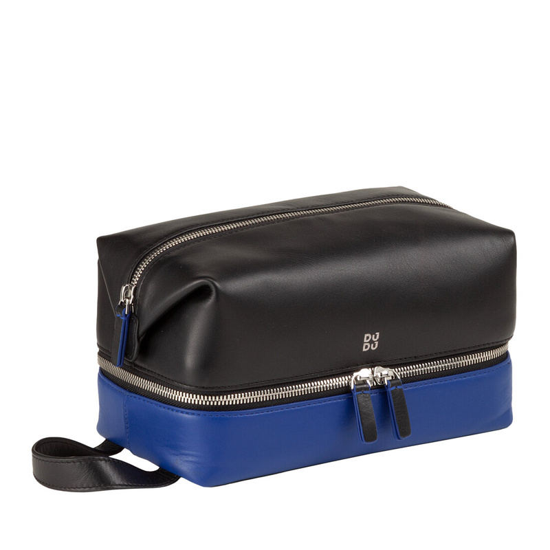 Travel cosmetic bag for men or women Colorful Brighton by DUDU made in multicolor genuine nappa leather. Double zipper compartment and side handle.