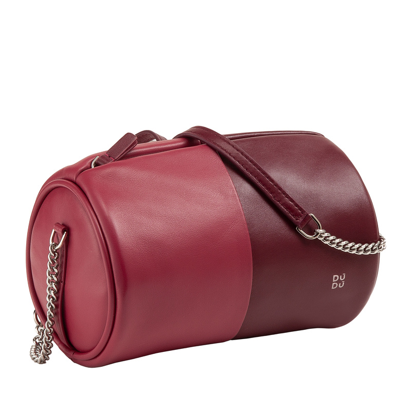 Barrel bag for women Colorful Abigail by DUDU in soft leather. Small shoulder bag with chain/leather strap with elegant design.