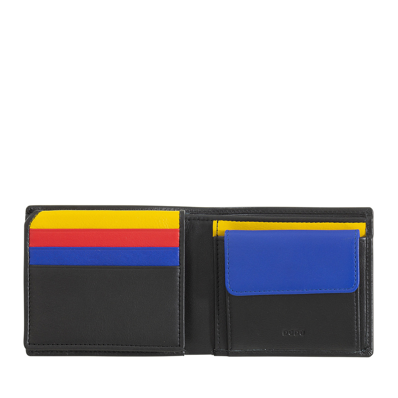 Small man's billfold RFID wallet by DUDU made in multicolour soft genuine calfskin leather with coin purse. Seams in contrast color. Colorful collection