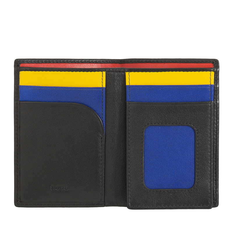 Small mens wallet Cook by DUDU in nappa leather, vertical slim format, with RFID blocking and inner flap with ID window. Billfold with practical and functional design.