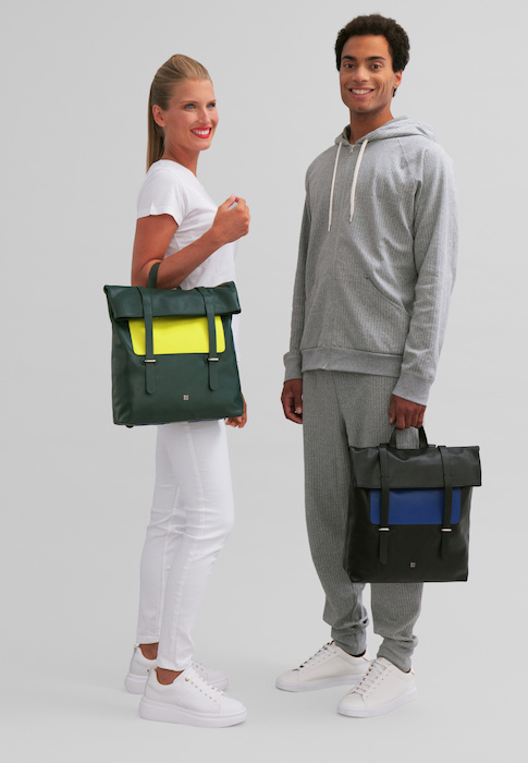 Multi coloured backpack for men or women Colorful Copenaghen by DUDU made in genuine nappa leather with top fold and magnetic buttons. Sporty and functional design.