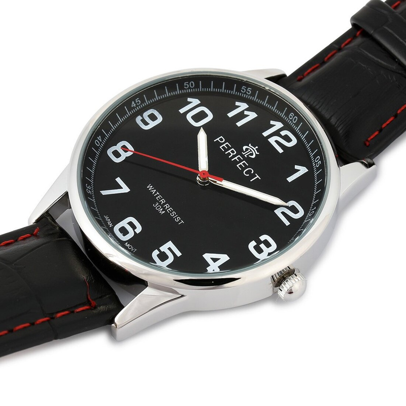 Men's watch quartz black classic leather strap with red trim C410