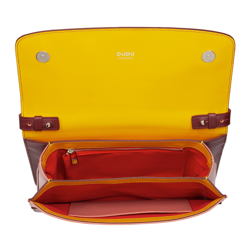 Womens large flap over shoulder bag Colorful Bologna by DUDU made in Italy, in genuine leather with detachable strap. Triple interior compartment.