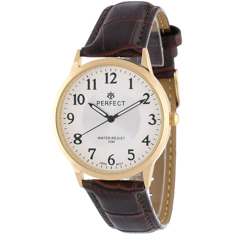 Men's watch quartz brown and gold classic leather strap C411