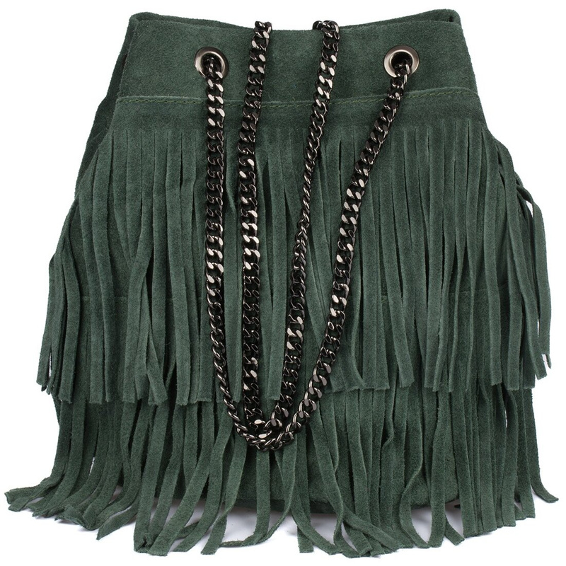 Women's Handbag Bag Leather Suede Tassel Chain Tassels Italian Dark Green M24