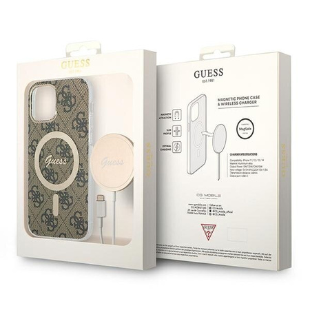 Zestaw Guess GUBPP12MH4EACSW Case+ Charger iPhone 12/12 Pro brązowy/brown hard case 4G Print MagSafe