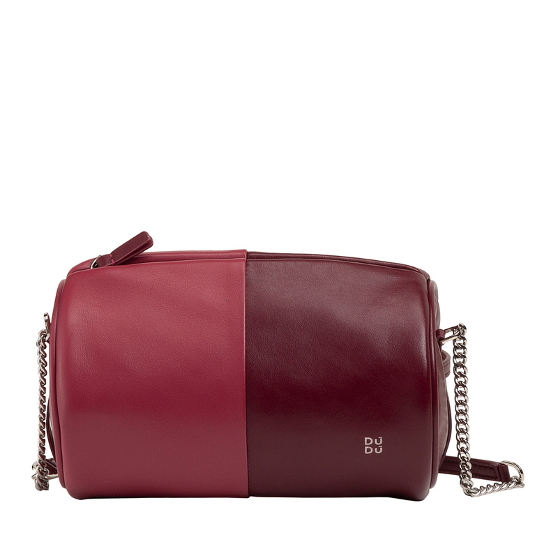 Barrel bag for women Colorful Abigail by DUDU in soft leather. Small shoulder bag with chain/leather strap with elegant design.