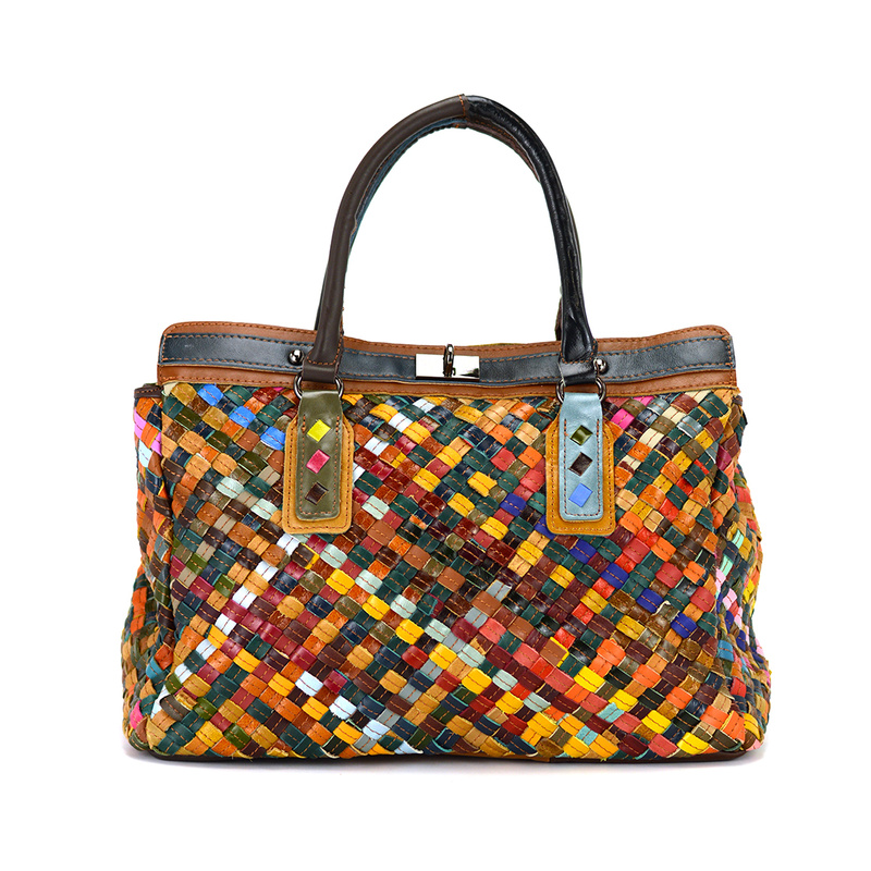 A large, colorful women's handbag, perfect for travel