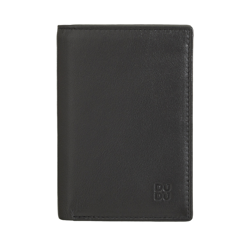 Small mens wallet Cook by DUDU in nappa leather, vertical slim format, with RFID blocking and inner flap with ID window. Billfold with practical and functional design.