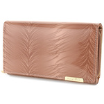 Women's leather wallet horizontal lacquered elegant large beige with feathers 827