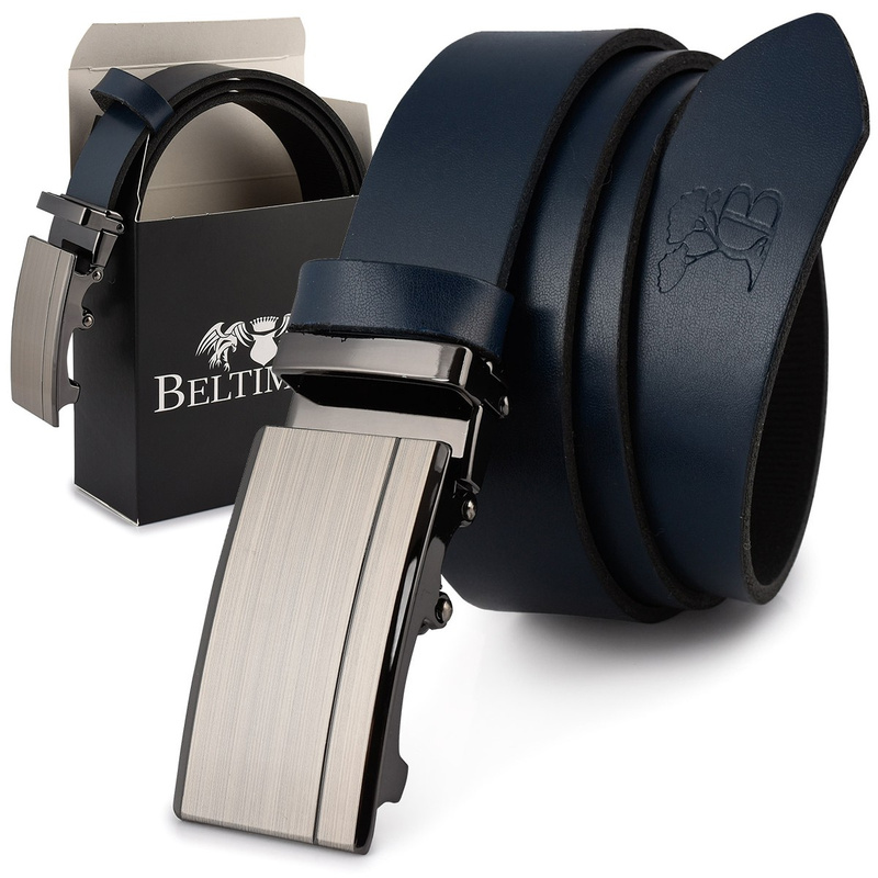 Beltimore men's leather belt navy blue automatic A56 : Colors - navy blue, Strap size - r.105-120 cm