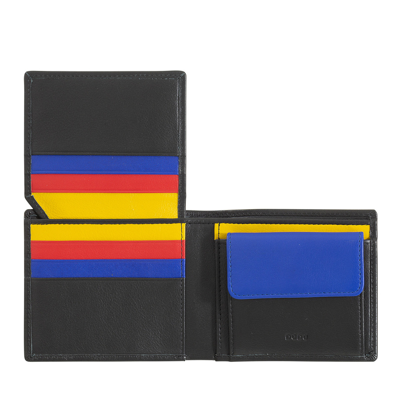 Small man's billfold RFID wallet by DUDU made in multicolour soft genuine calfskin leather with coin purse. Seams in contrast color. Colorful collection