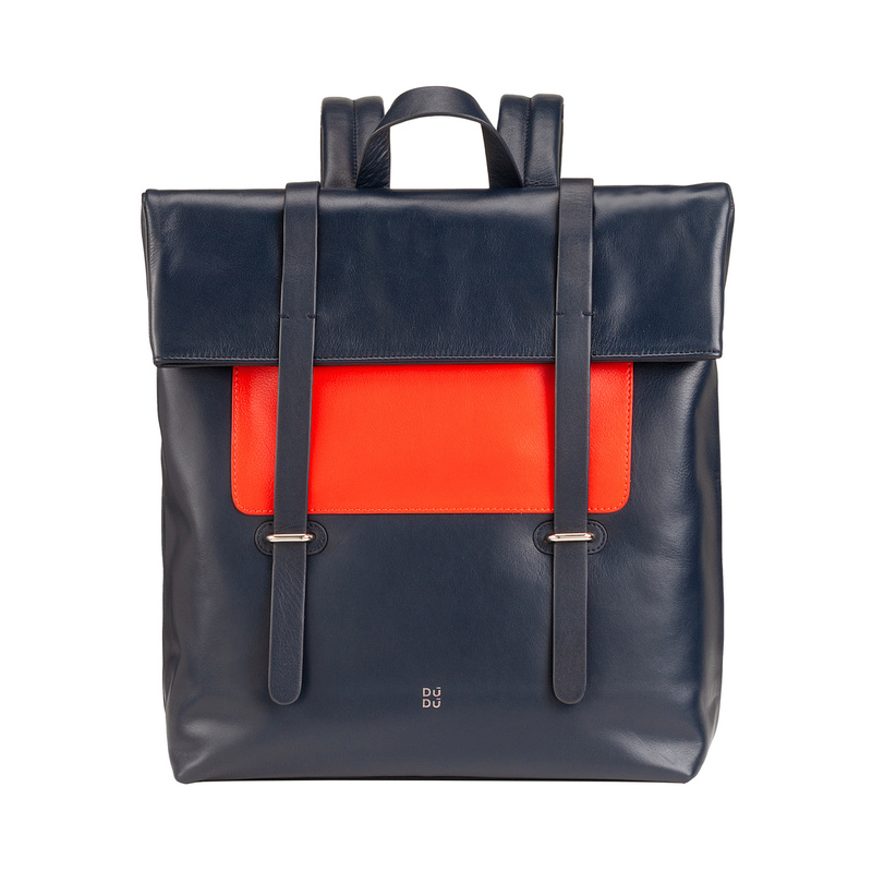 Multi coloured backpack for men or women Colorful Copenaghen by DUDU made in genuine nappa leather with top fold and magnetic buttons. Sporty and functional design.