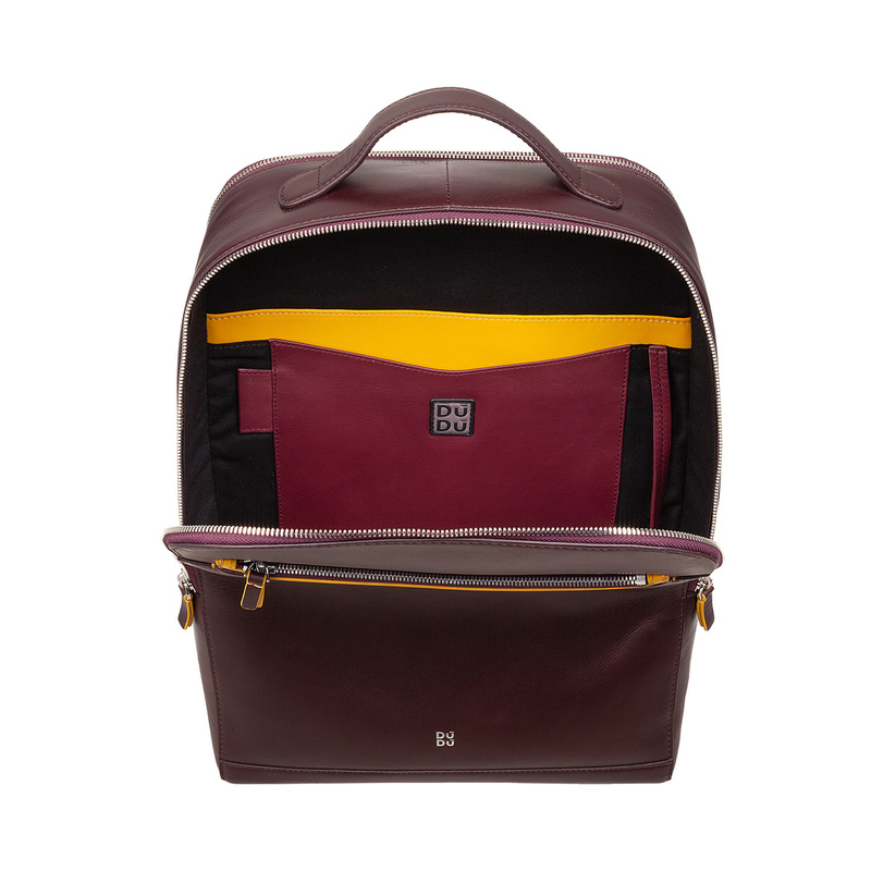 Men’s elegant business backpack Colorful Baltimora by DUDU made in genuine leather with trolley strap. Double anti-theft zipper and laptop holder until 13 inches.