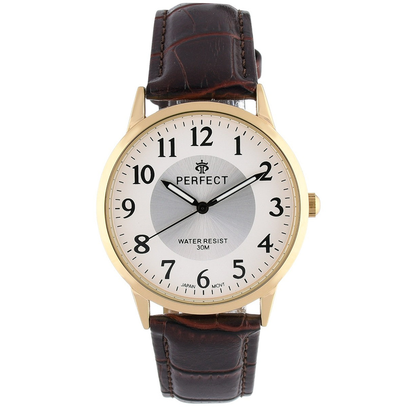 Herrenuhr Quarz braun und gold klassisches Lederband C411