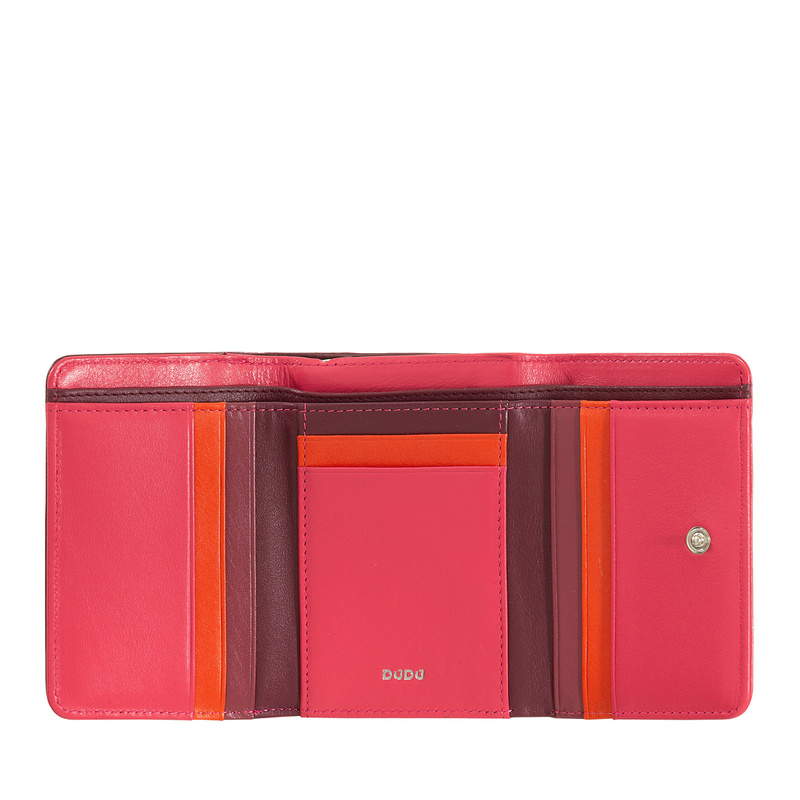 New arrival in Colorful DUDU collection. Small womens RFID trifold wallets made in soft genuine multicolor Nappa calfskin leather with external zip coin purse