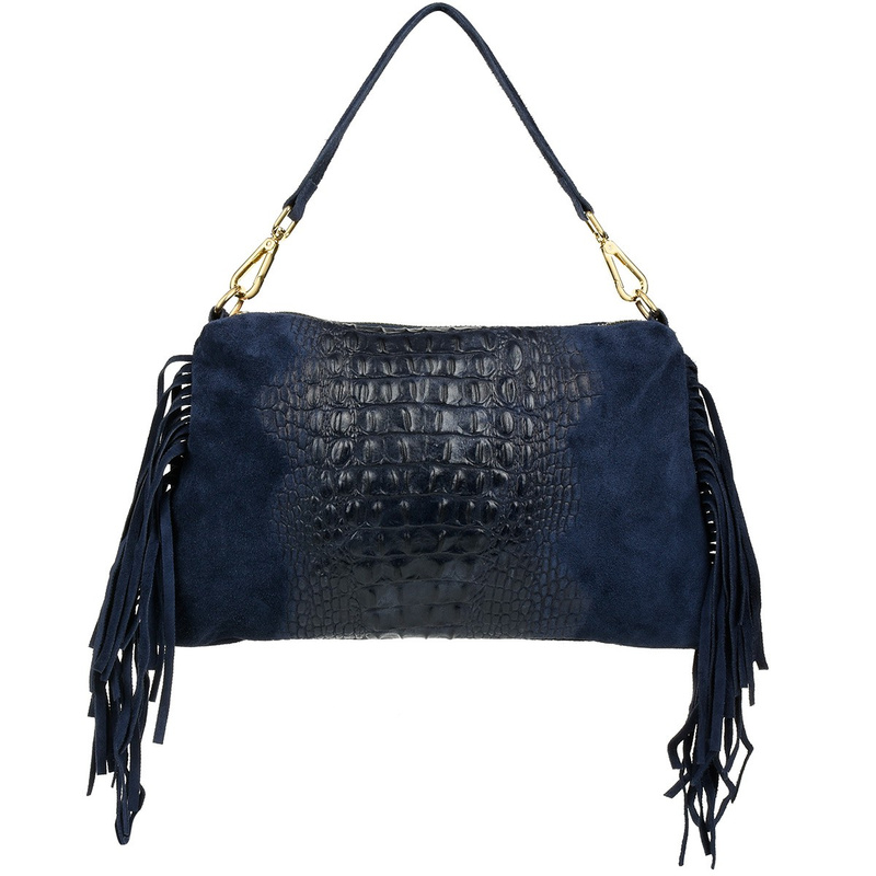 Navy blue women's Italian leather tassel horizontal handbag Z24