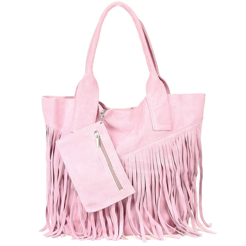 Powder pink Women's suede leather handbag A4 tassel large L83