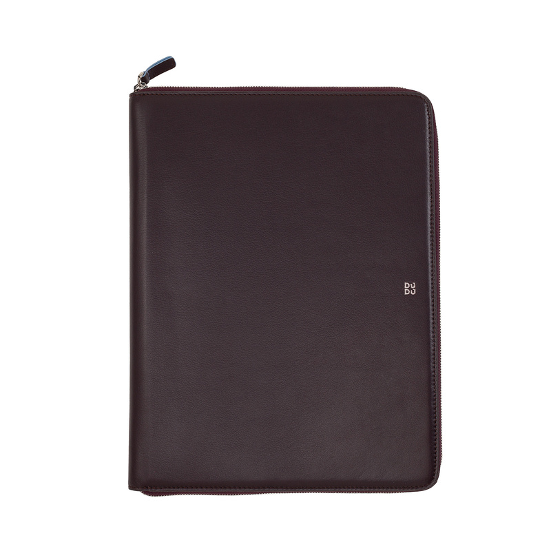 A4 zipped document holder Colorful by DUDU made in soft leather with metal zip around and iPad tablet pocket. Refined and elegant bag, suitable for travel work.