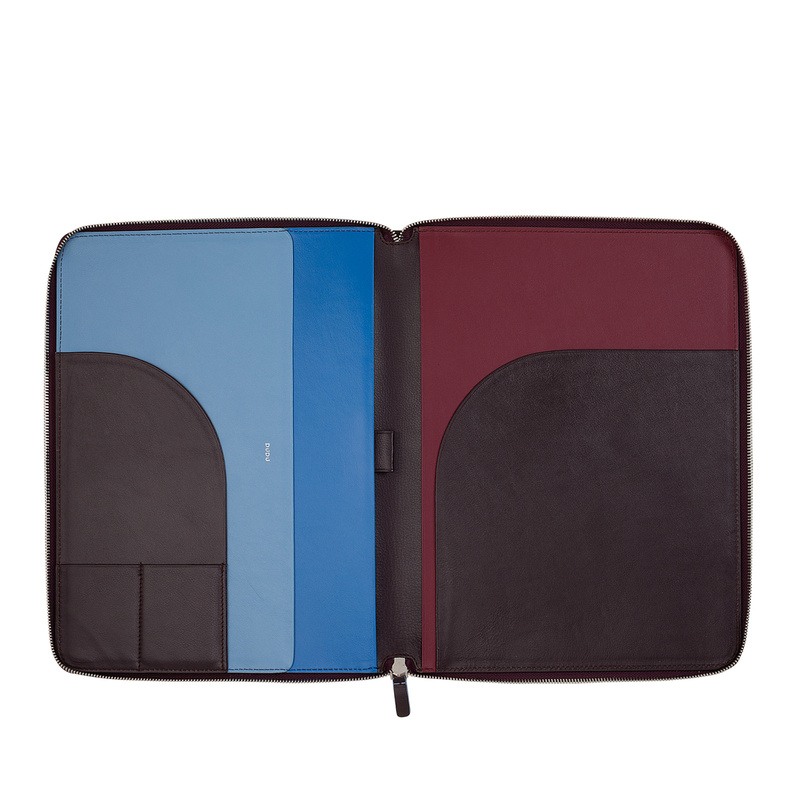 A4 zipped document holder Colorful by DUDU made in soft leather with metal zip around and iPad tablet pocket. Refined and elegant bag, suitable for travel work.