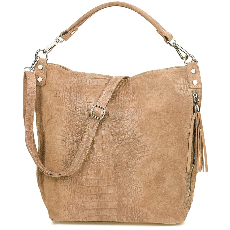 Beige suede leather handbag women's shopper W10