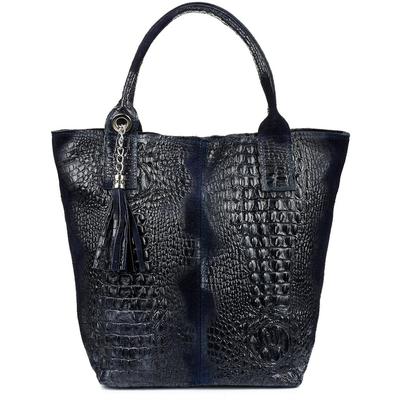 NAVY BLUE LARGE LEATHER SHOPPER CROCODILE LEATHER SATCHEL BAG L94