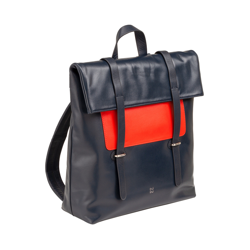 Multi coloured backpack for men or women Colorful Copenaghen by DUDU made in genuine nappa leather with top fold and magnetic buttons. Sporty and functional design.