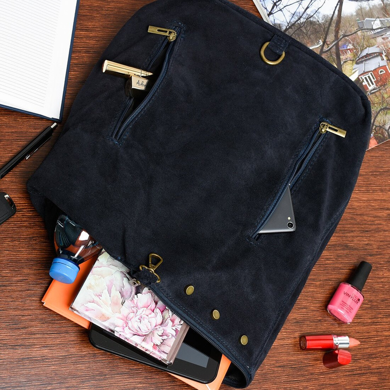 Navy Blue Italian Stylish Women's Leather Suede Backpack A4 W14.