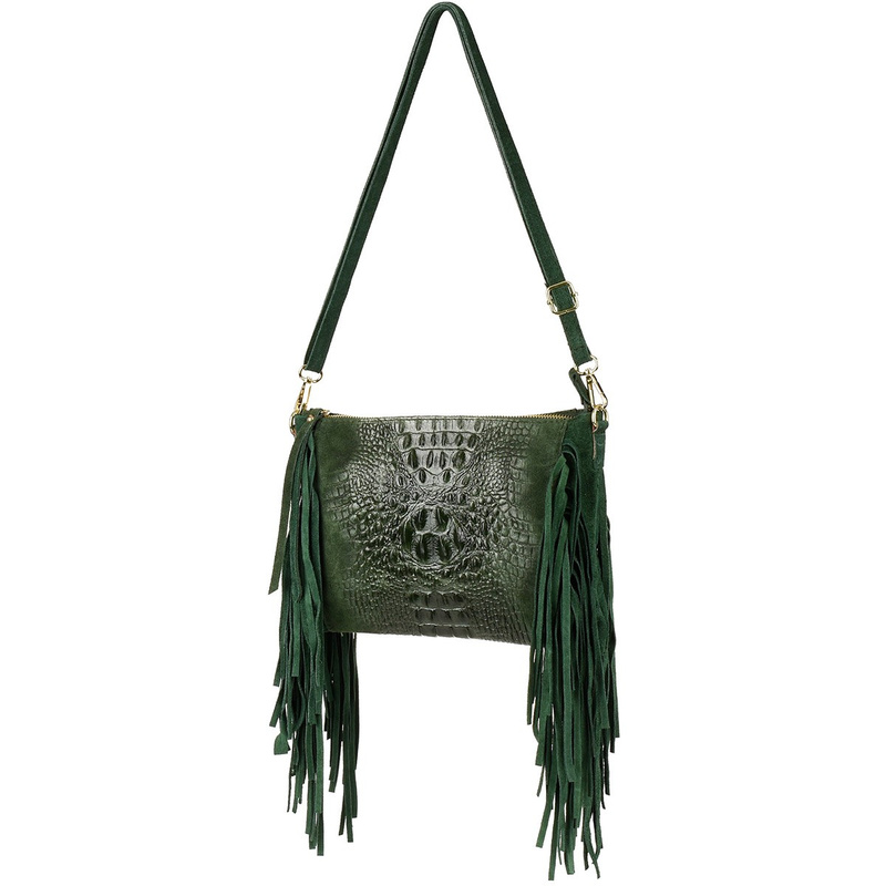 Dark green women's Italian leather tassel horizontal handbag Z24