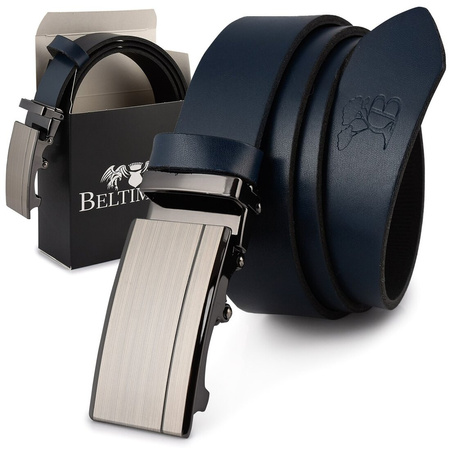 Beltimore men's leather belt navy blue automatic A56 : Colors - navy blue, Strap size - r.115-130 cm