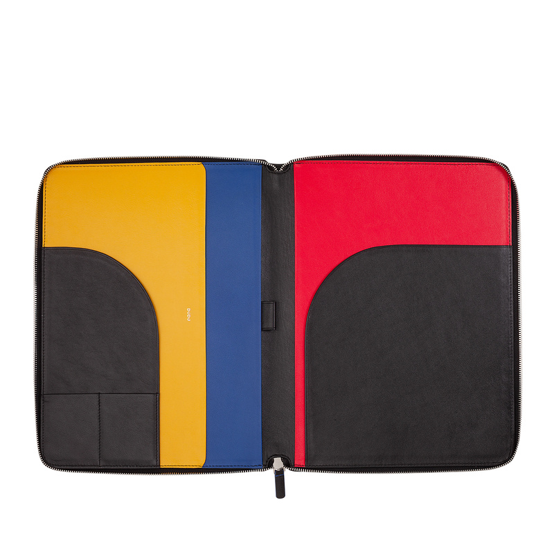 A4 zipped document holder Colorful by DUDU made in soft leather with metal zip around and iPad tablet pocket. Refined and elegant bag, suitable for travel work.