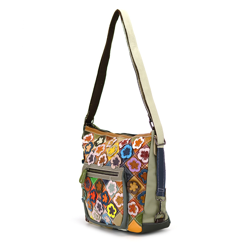 Women's colorful leather messenger bag with mosaic pattern