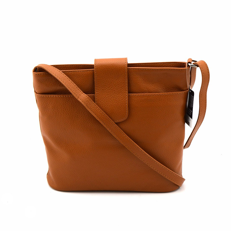 Women's leather messenger bag fastened over the shoulder