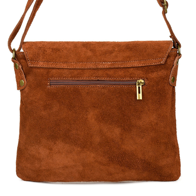 Cognac Italian Women's Suede Handbag Postbag with Flap B67