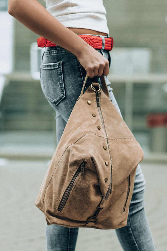 Beige Italian Stylish Women's Leather Suede Backpack A4 W14.