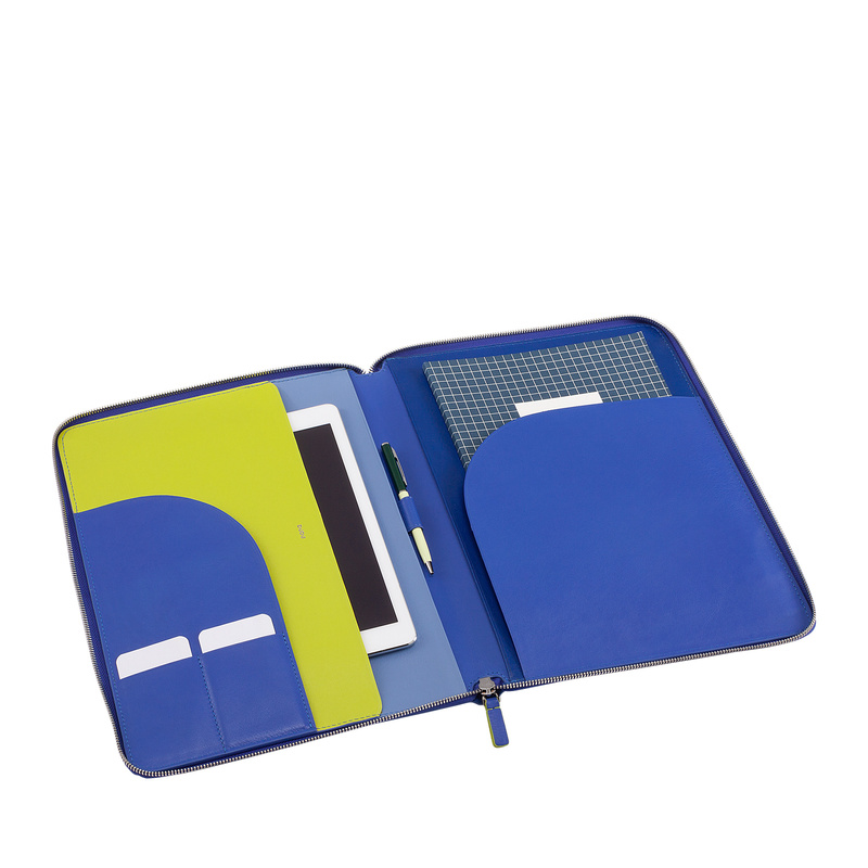 A4 zipped document holder Colorful by DUDU made in soft leather with metal zip around and iPad tablet pocket. Refined and elegant bag, suitable for travel work.