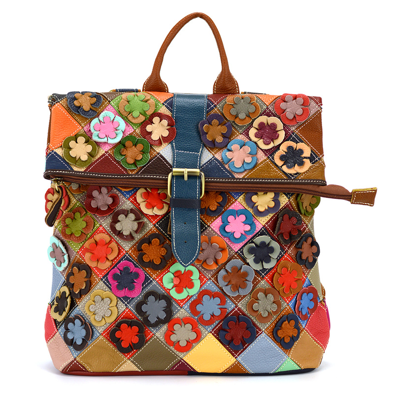 A unique leather backpack with a colorful mosaic pattern