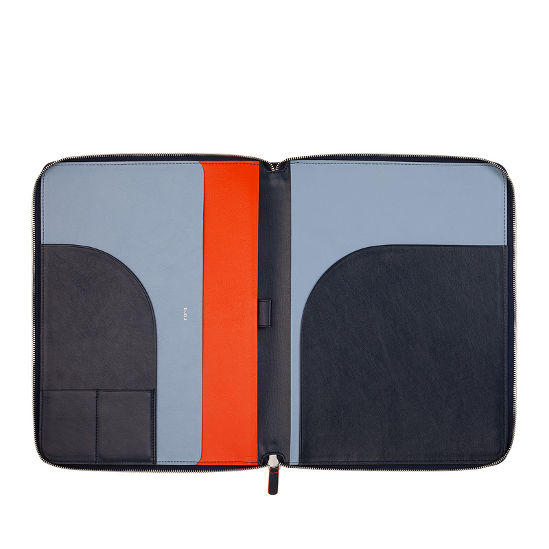 A4 zipped document holder Colorful by DUDU made in soft leather with metal zip around and iPad tablet pocket. Refined and elegant bag, suitable for travel work.