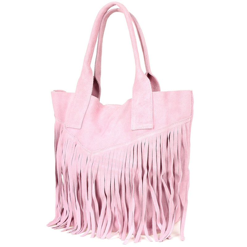 Powder pink Women's suede leather handbag A4 tassel large L83