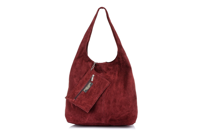 Plum suede women's leather shoulder bag with pouch N88