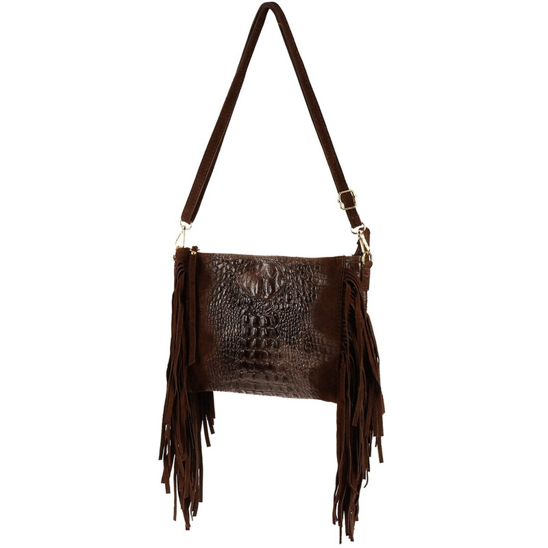 Brown women's Italian leather tassel horizontal handbag Z24