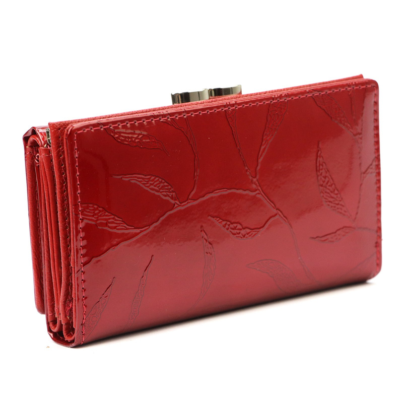 Patent leather large women's wallet with leaves